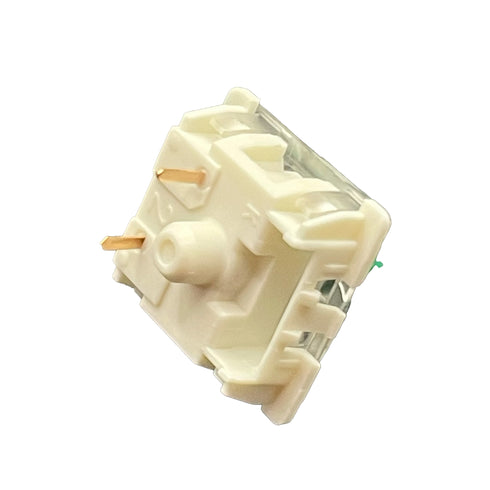 Onderkant van de Gateron KS-9 Green switch met twee metalen pinnen en witte behuizing.